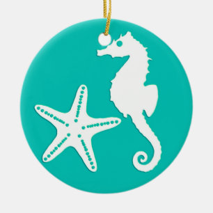 Seahorse & starfish - white on turquoise ceramic ornament