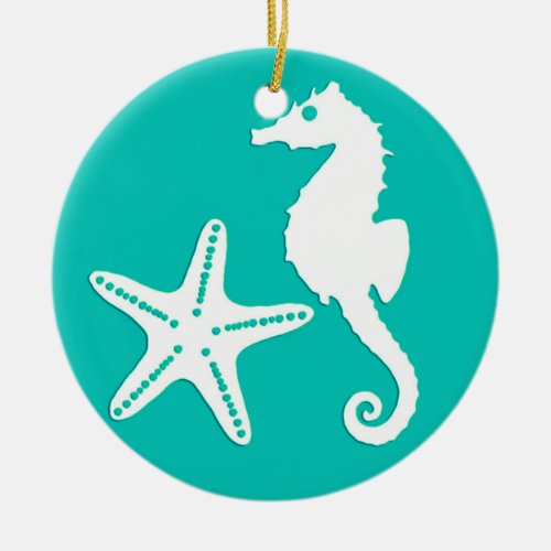 Seahorse  starfish _ white on turquoise ceramic ornament
