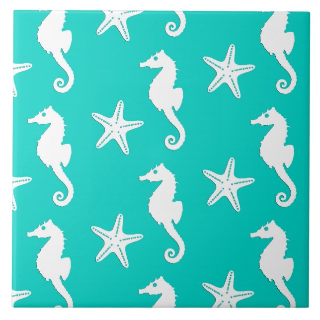 Seahorse & starfish - white on turquoise ceramic tile (Front)