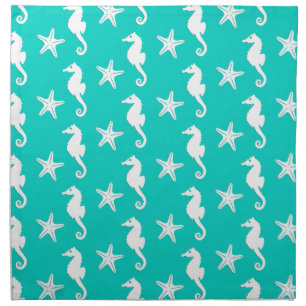 Seahorse & starfish - white on turquoise cloth napkin