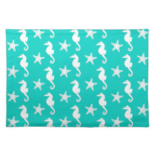 Seahorse & starfish - white on turquoise cloth placemat