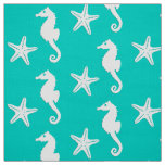 Seahorse &amp; starfish - white on turquoise fabric