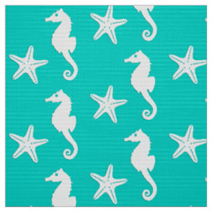 Seahorse & starfish - white on turquoise fabric