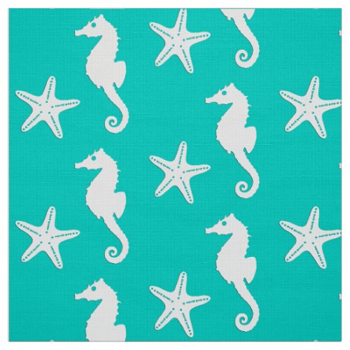 Seahorse  starfish _ white on turquoise fabric