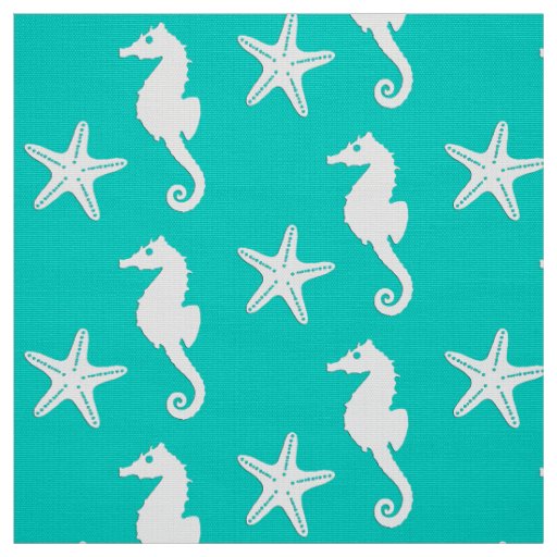 Seahorse & starfish - white on turquoise fabric