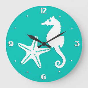 Seahorse & starfish - white on turquoise large clock