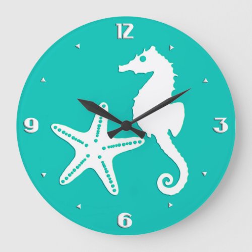 Seahorse  starfish _ white on turquoise large clock