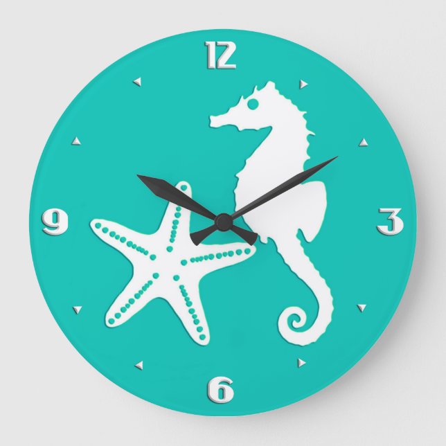 Seahorse & starfish - white on turquoise large clock (Front)