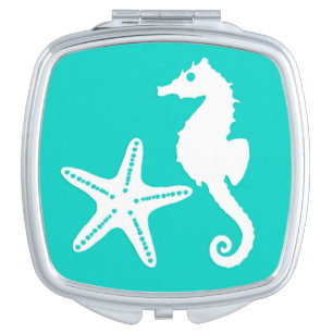 Seahorse & starfish - white on turquoise makeup mirror