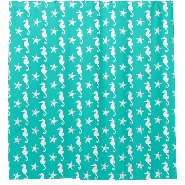 Seahorse & starfish - white on turquoise shower curtain (Front)