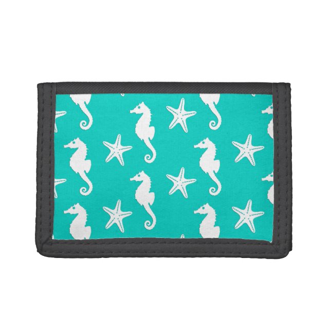 Seahorse & starfish - white on turquoise tri-fold wallet (Front)