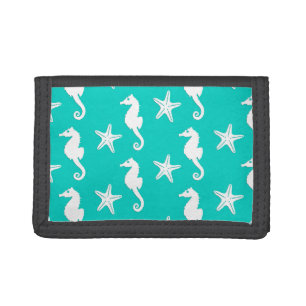 Seahorse & starfish - white on turquoise trifold wallet