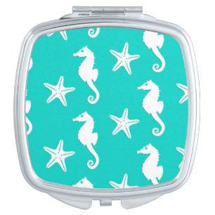 Seahorse & starfish - white on turquoise vanity mirror