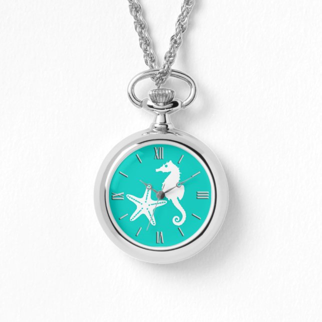 Seahorse & starfish - white on turquoise watch (Front)