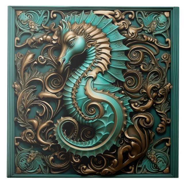 Seahorse Teal and Copper Marine Life Aquatic Ceramic Tile (Front)