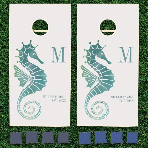 Seahorse Teal Beach Monogram Family Name Est Cornhole Set