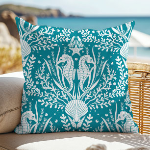 Seahorse Teal Blue White Ocean Summer Outdoor Pillow