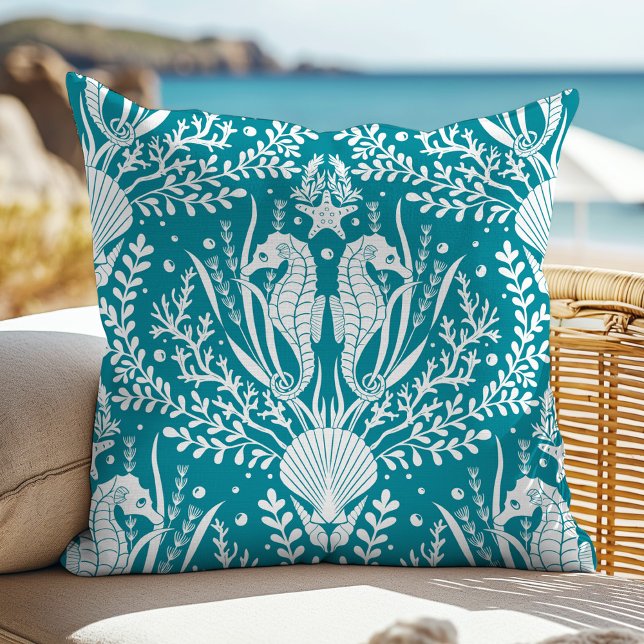 Seahorse Teal Blue White Ocean Summer Outdoor Pillow (Creator Uploaded)