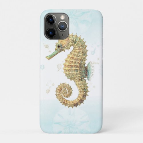 Seahorse Teal  Gold Watercolor Coastal Beach iPhone 11 Pro Case