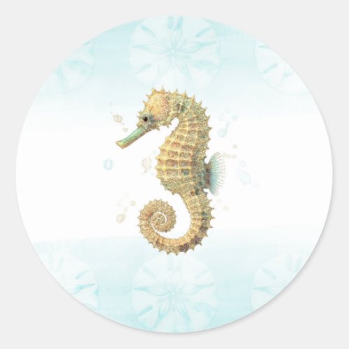 Seahorse Teal  Gold Watercolor Coastal Beach Classic Round Sticker