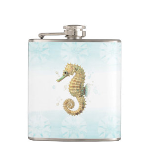 Seahorse Teal & Gold Watercolor Coastal Beach Flask