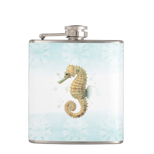 Seahorse Teal  Gold Watercolor Coastal Beach Flask