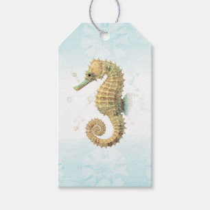 Seahorse Teal & Gold Watercolor Coastal Beach Gift Tags