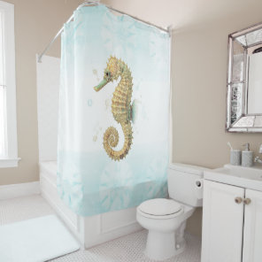 Seahorse Teal & Gold Watercolor Coastal Beach Shower Curtain