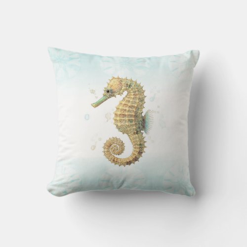 Seahorse Teal  Gold Watercolor Coastal Beach Throw Pillow