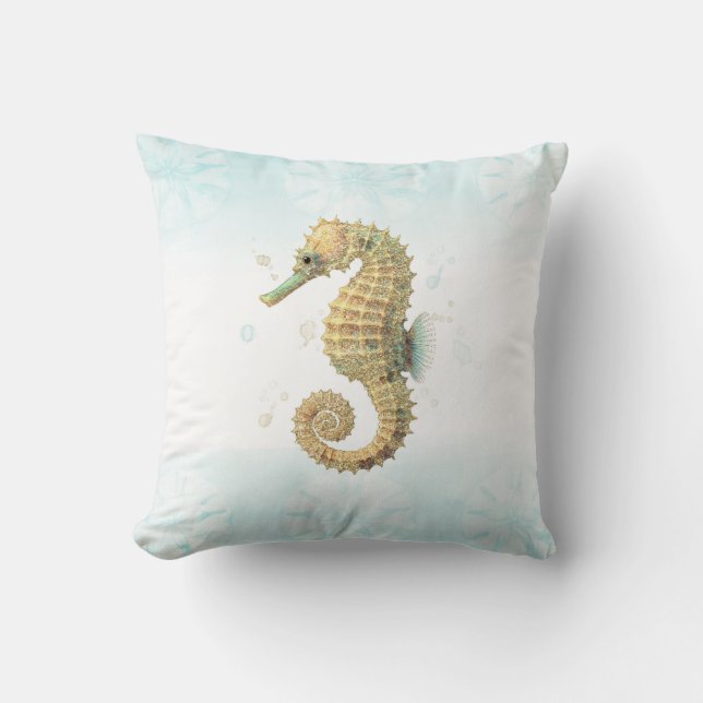 Seahorse Teal & Gold Watercolor Coastal Beach Throw Pillow (Front)