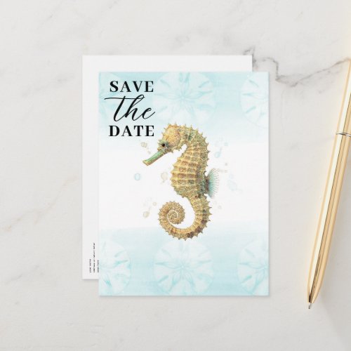 Seahorse Teal  Gold Watercolor Save the Date Announcement Postcard
