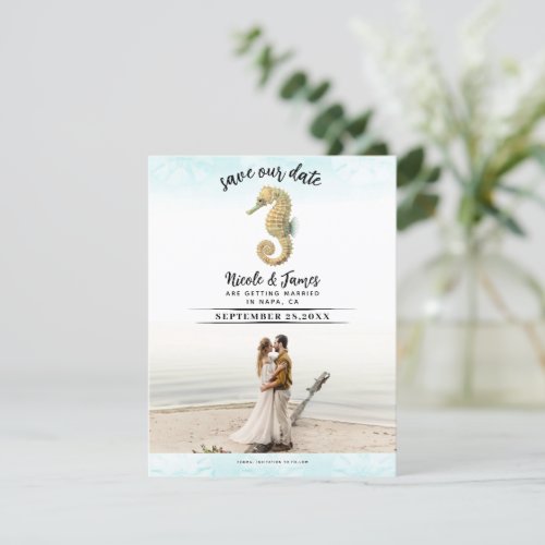 Seahorse Teal  Gold Watercolor Save the Date Invitation