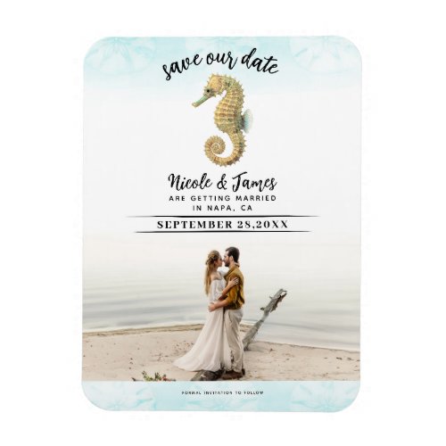 Seahorse Teal  Gold Watercolor Save the Date Magnet
