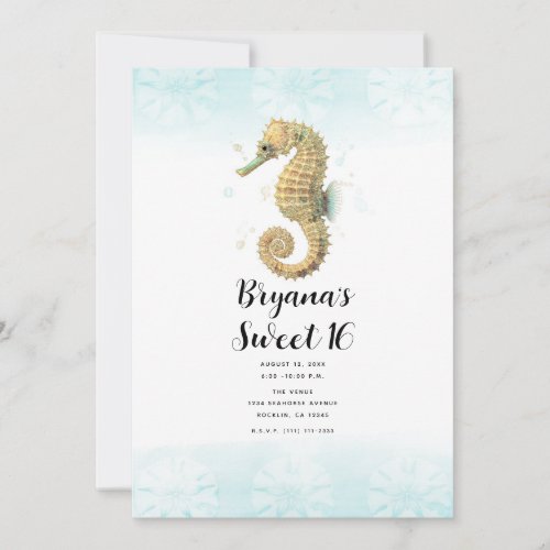 Seahorse Teal  Gold Watercolor Sweet 16 Invitation