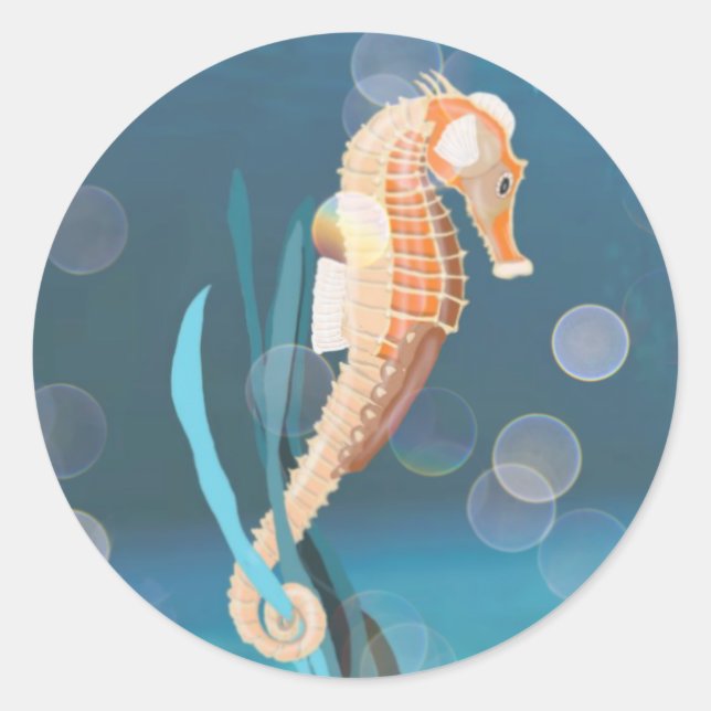 Seahorse tethered on Seaweed Classic Round Sticker (Front)
