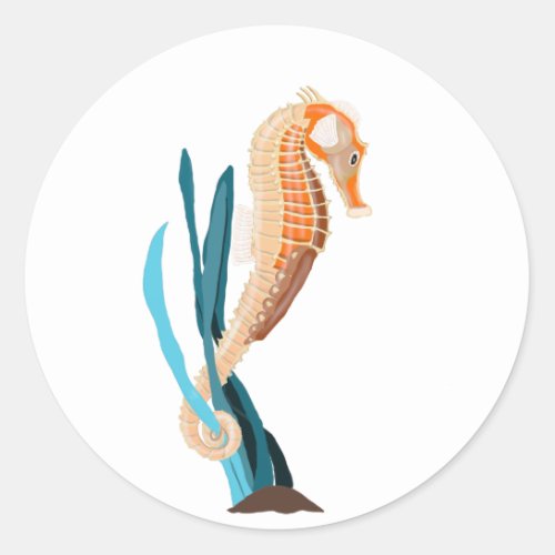 Seahorse tethered on Seaweed Classic Round Sticker