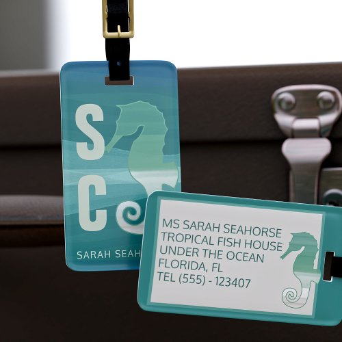 Seahorse Tropical Fish Monogram Teal Luggage Tag