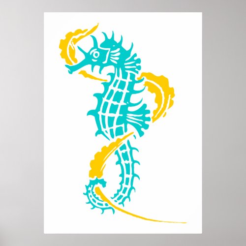 Seahorse turquoise blue yellow and seaweed poster