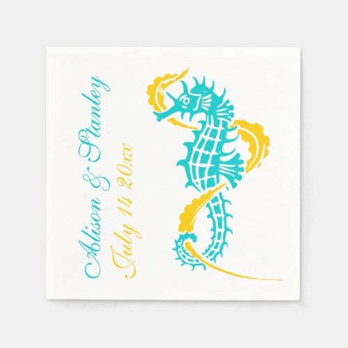 Seahorse turquoise yellow beach wedding paper napkins
