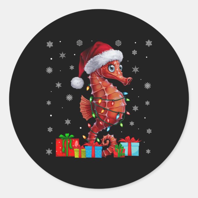 Seahorse Ugly Xmas Lights Santa Hat Seahorse Chris Classic Round Sticker (Front)