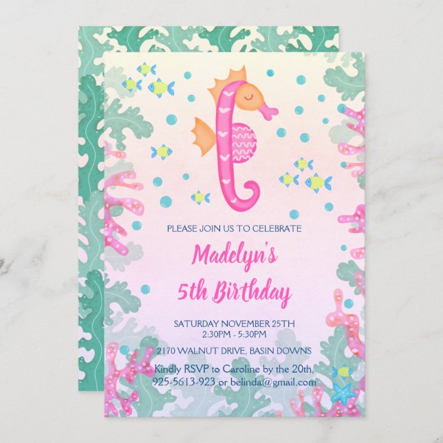 Seahorse Under The Sea Birthday Party Invitation (Front/Back)