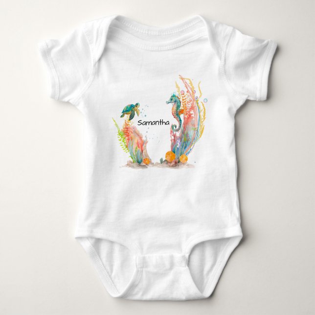 Seahorse Underwater Personalized  Baby Bodysuit (Front)