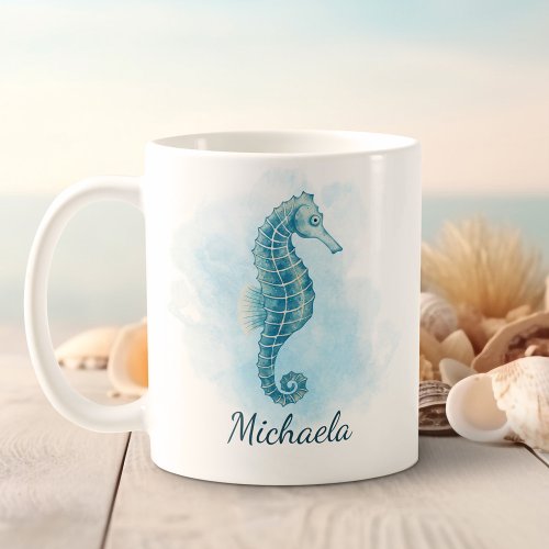 Seahorse Watercolor Aqua Blue Coastal Coffee Mug