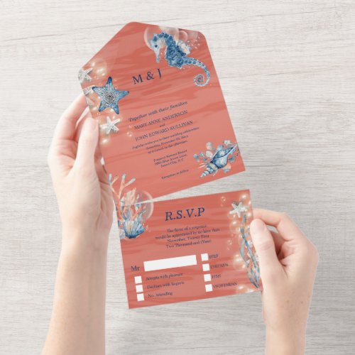 Seahorse watercolor beach wedding blue orange   all in one invitation