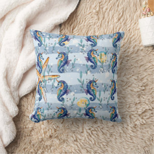 Seahorse Watercolor Blue Print Throw Pillow