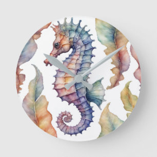 Seahorse Watercolor Coastal Decor Round Clock