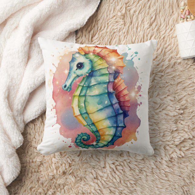 Seahorse Watercolor Colorful Print Throw Pillow (Blanket)