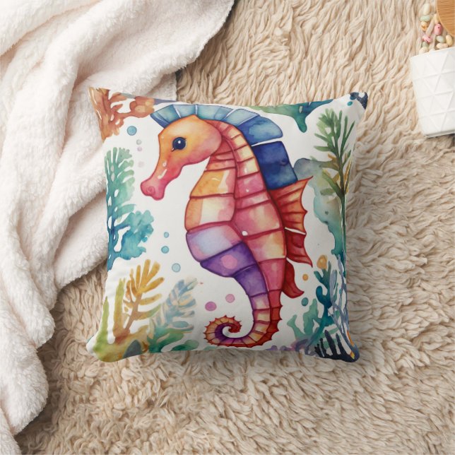 Seahorse Watercolor Print  Throw Pillow (Blanket)