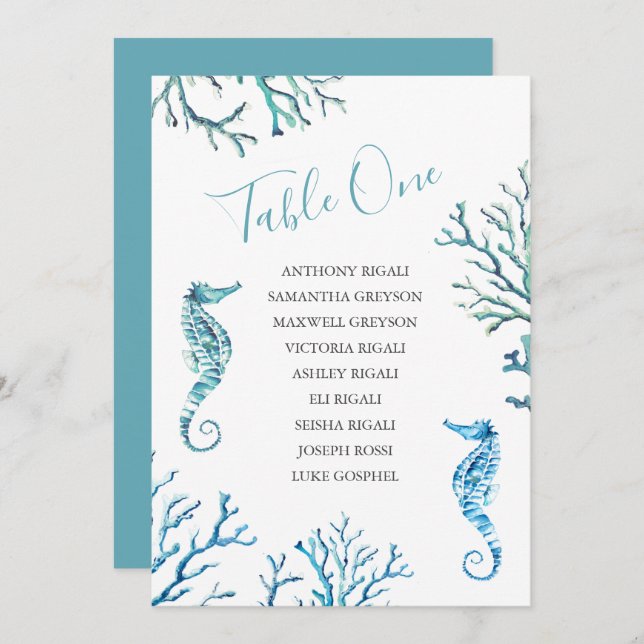 Seahorse Wedding Seating Chart, Table Plan Invitation (Front/Back)