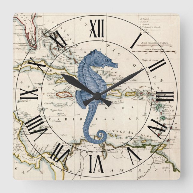 Seahorse~West Indies~Caribbean 1785 Nautical Map~ Square Wall Clock (Front)